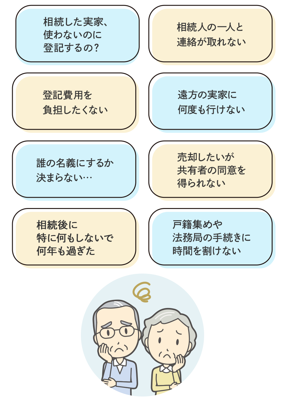 相続した実家、使わないのに、登記するの？/登記費用を負担したくない/誰の名義にするか決まらない…/相続後に特に何もしないで何年も過ぎた/相続人の一人と連絡が取れない/遠方の実家に何度も行けない/売却したいが共有者の同意を得られない/戸籍集めや法務局の手続きに時間を割けない
