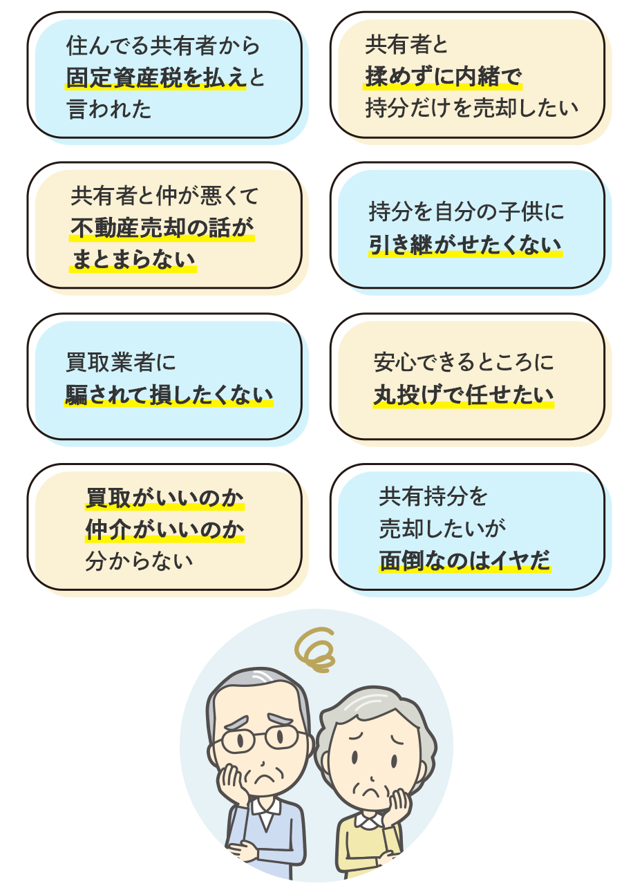 他の共有者とは連絡が付かない…/共有持分の売却の話が全然進まない…/共有の土地にあいつだけ住むのはおかしい…/共有なのに私だけが税金を負担してる…/母が住み続けられるようにしたい/共有持分の一部だけ残せないかな…/夫婦の共有名義を解消したい…